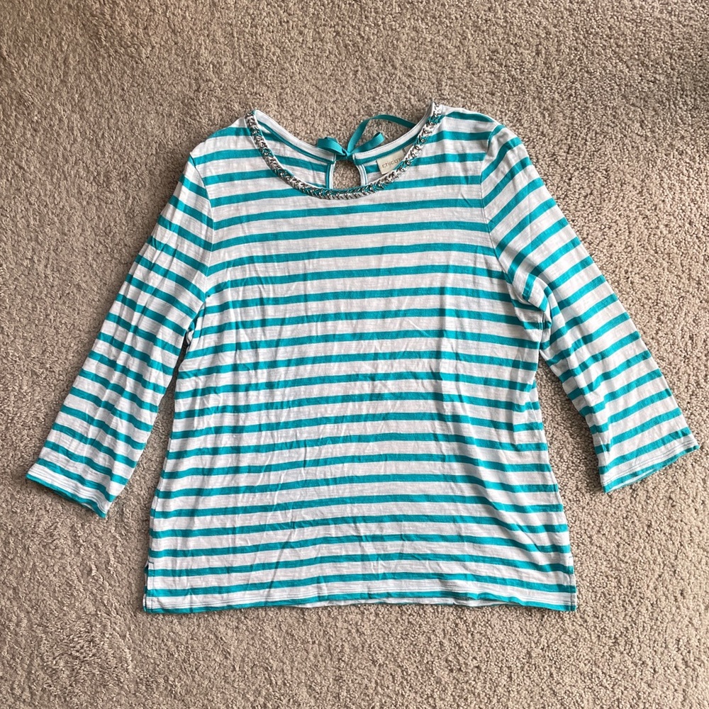Chico's Striped Turquoise Bead Sparkle Casual Long Sleeve Top Size 2 (Large)